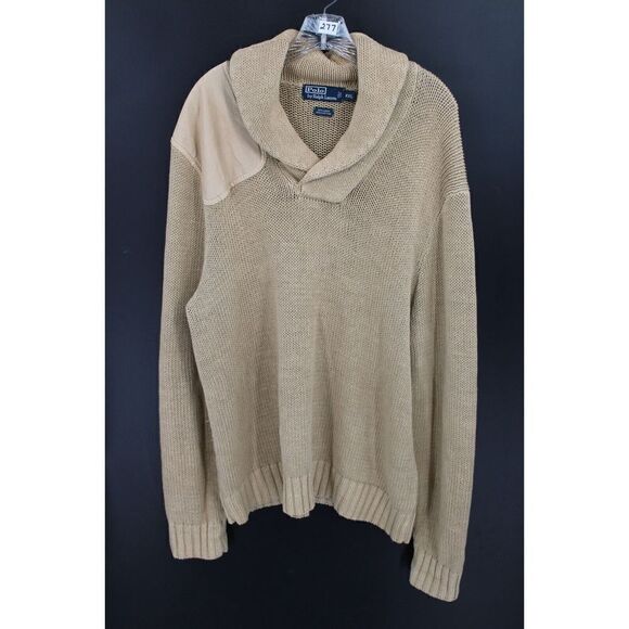 VTG Polo Ralph Lauren Military Style Knit Sweater XXL TAN Shoulder Elbow Patch - Picture 1 of 8